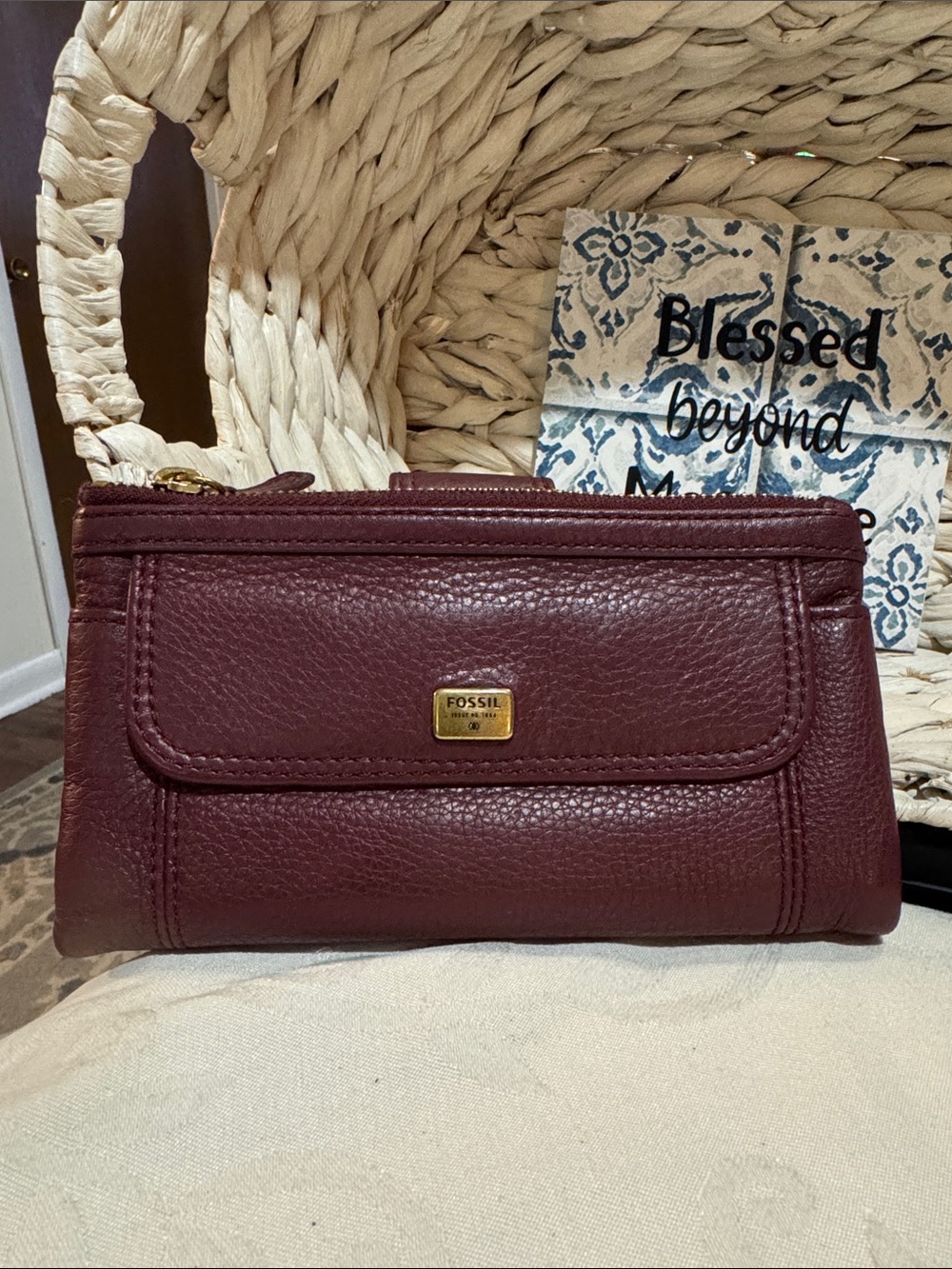 Fossil Burgundy Pebbled Leather Wristlet Wallet with Gold Hardware
